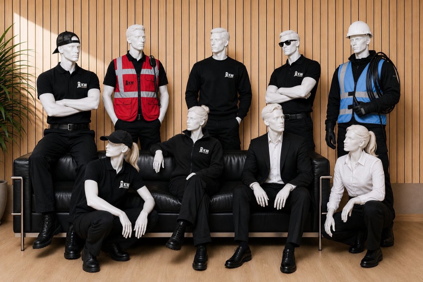 Arbeits- und Servicekleidung der KW Gruppe auf Figurinen im Showroom
